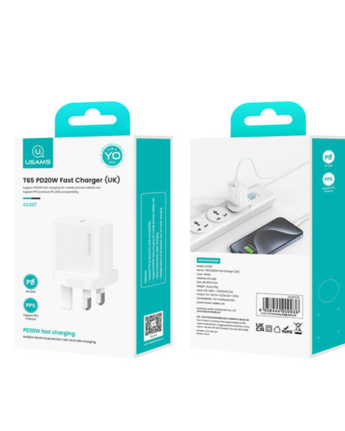 USAMS - T65 Series - 20W USB-C Fast Charger (PD / PPS) - CC227 - UK Plug - White - Image 5