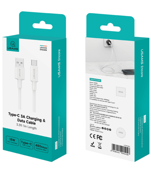 USAMS - U90 Type-C to USB - 3A Charging Data Cable - SJ761 - White - 1m - Image 6