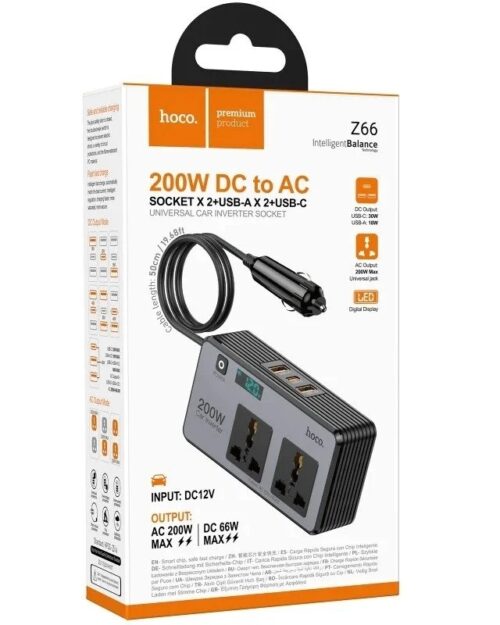 Hoco Z66 Dual Car Inverter 200W DC To AC 2-Socket 2-USB 1-Type-C - Image 3