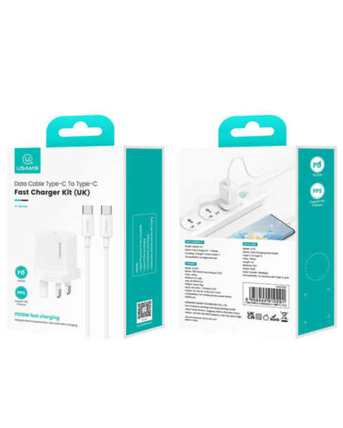 USAMS - Yi Series - PD20W Fast Charger Kit - USB-C Charger + USB-C to USB-C - 60W 1m Cable Included - CC227 + SJ711 - UK Plug - 1m - White - Image 3