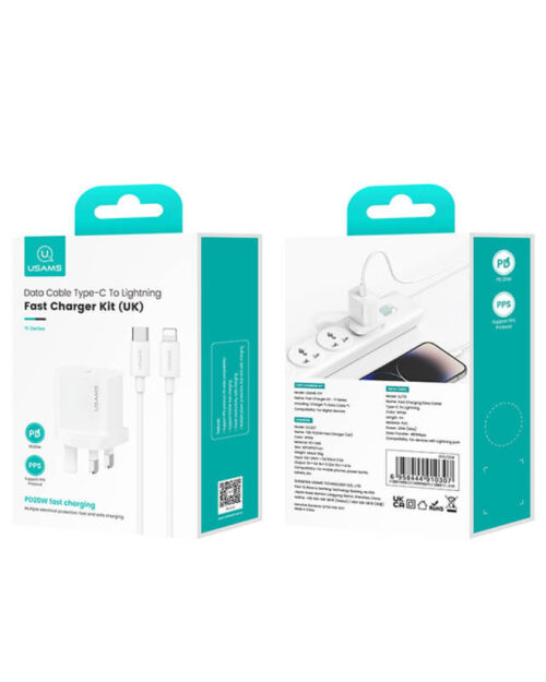 USAMS - Yi Series - PD20W Fast Charger Kit - USB-C Charger + USB-C to Lightning - 30W 1m Cable Included - CC227 + SJ712 - UK Plug - 1m - White - Image 3