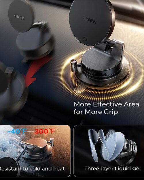 Lisen W608 Pro Qi2.2 Magnetic Suction Cup Wireless Charging Car Holder 25W – Black - Image 4